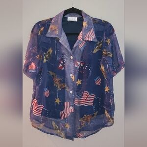 Patriotic shirt American flags sheer red‎ white blue button up shirt size M